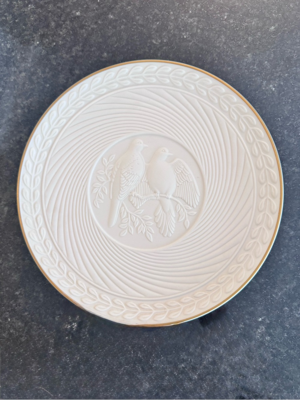 Vintage 1986 Love birds wedding plate White Embossed Doves with 14K Gold Trim